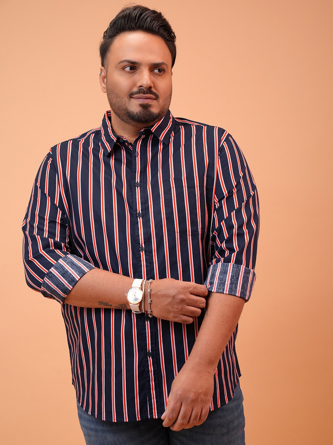 

HIGHLANDER Plus Size Slim Fit Opaque Striped Cotton Casual Shirt, Navy blue