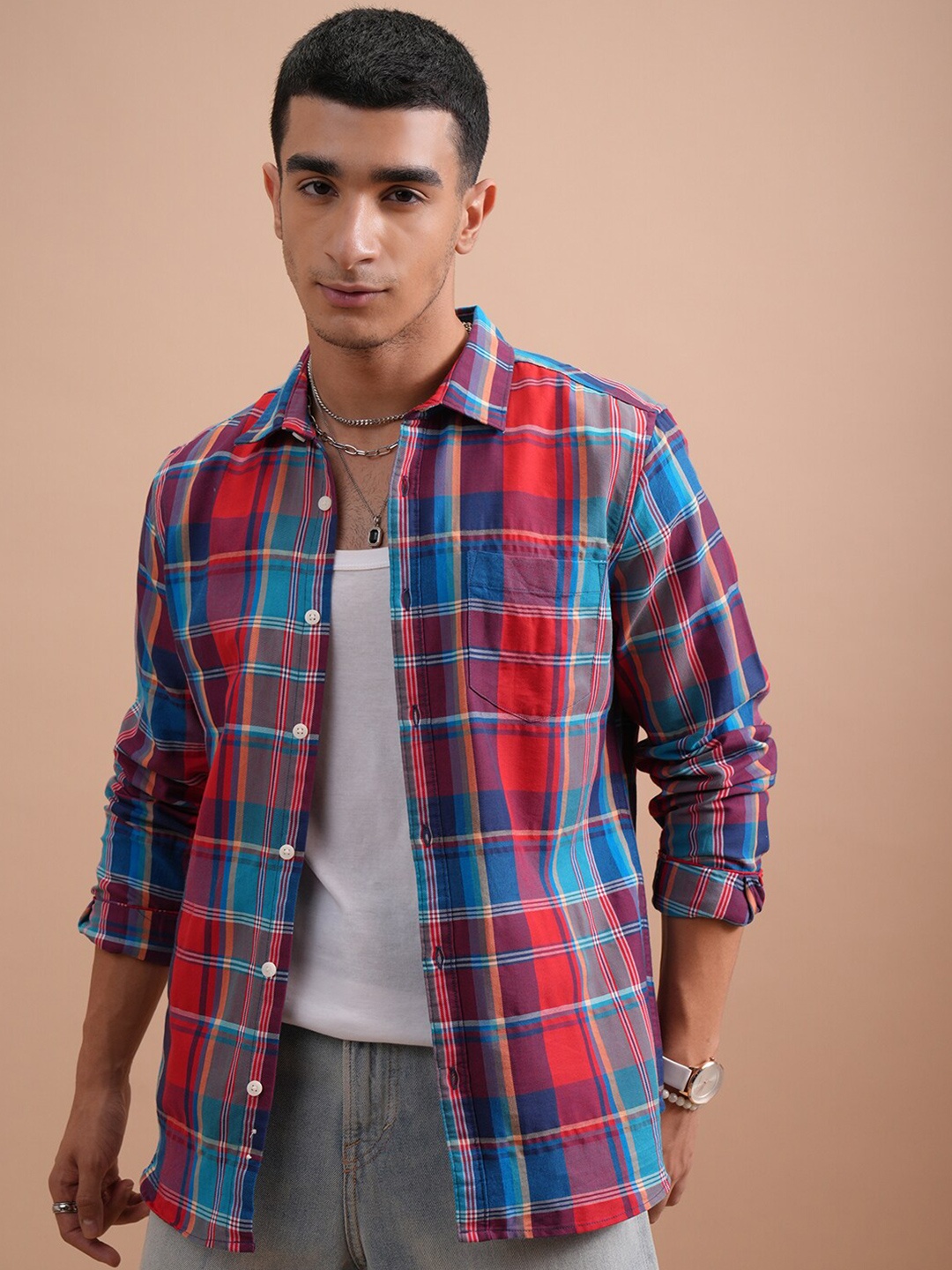 

HIGHLANDER Slim Fit Tartan Checks Opaque Cotton Casual Shirt, Multi