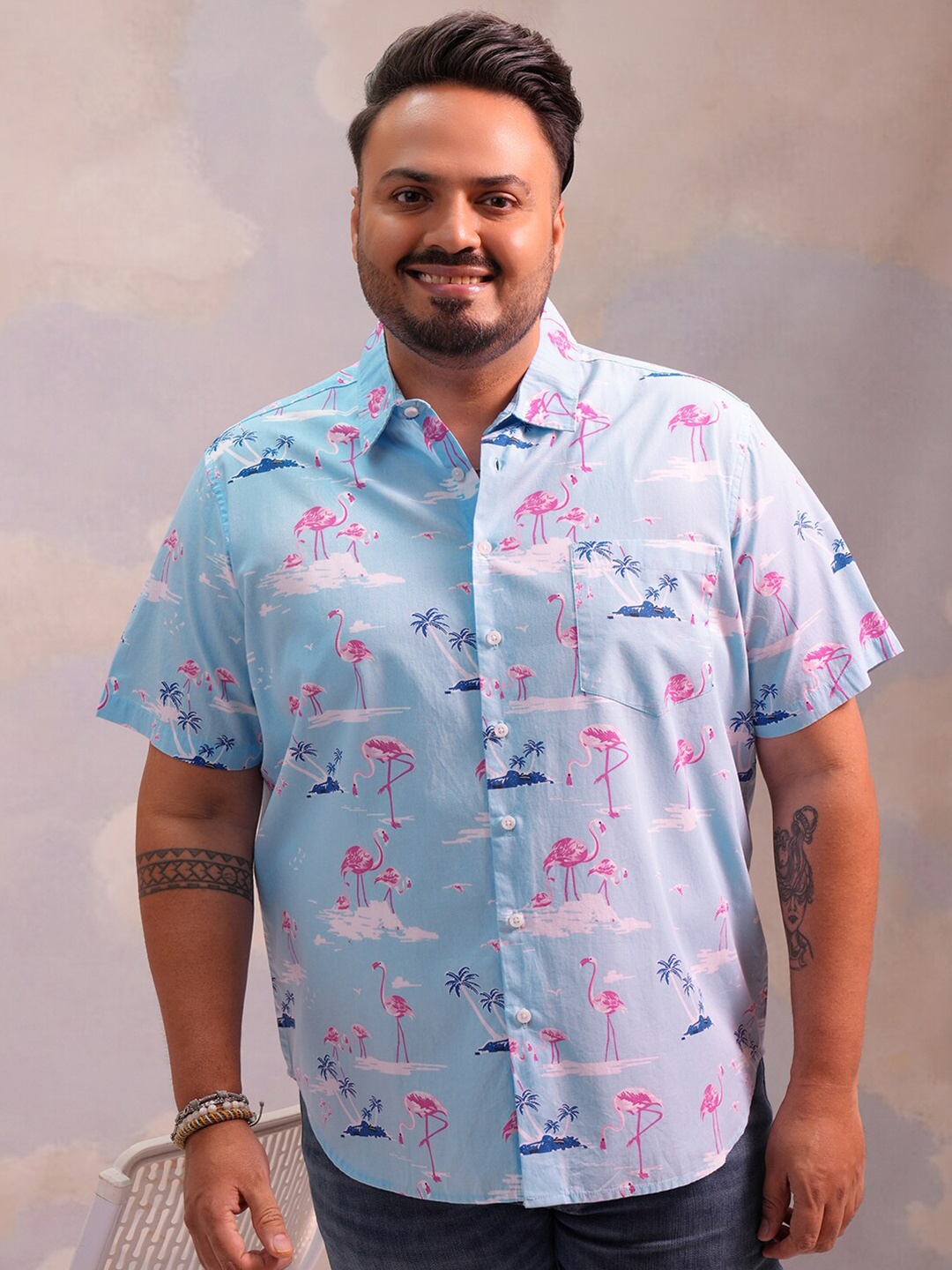 

HIGHLANDER Plus Size Floral Opaque Printed Cotton Casual Shirt, Blue