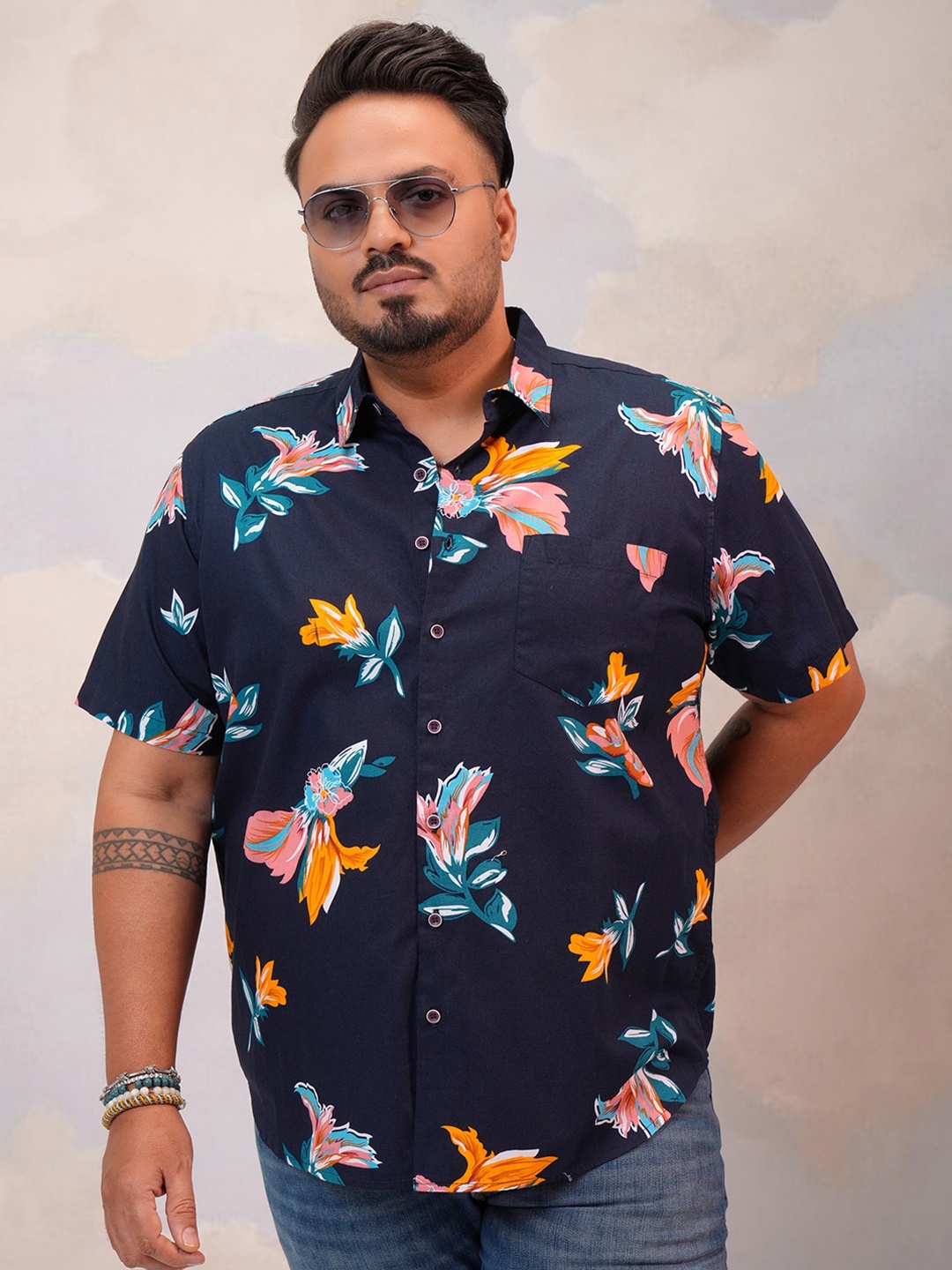 

HIGHLANDER Plus Size Floral Opaque Printed Cotton Casual Shirt, Blue