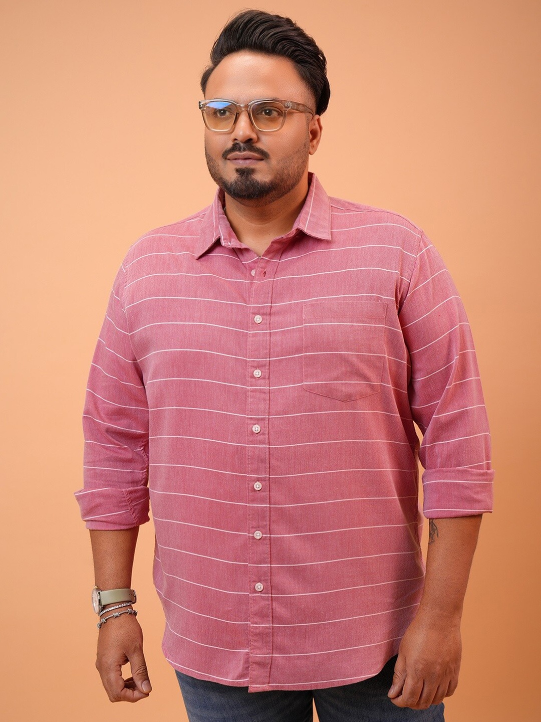

HIGHLANDER Plus Size Horizontal Stripes Opaque Cotton Casual Shirt, Pink