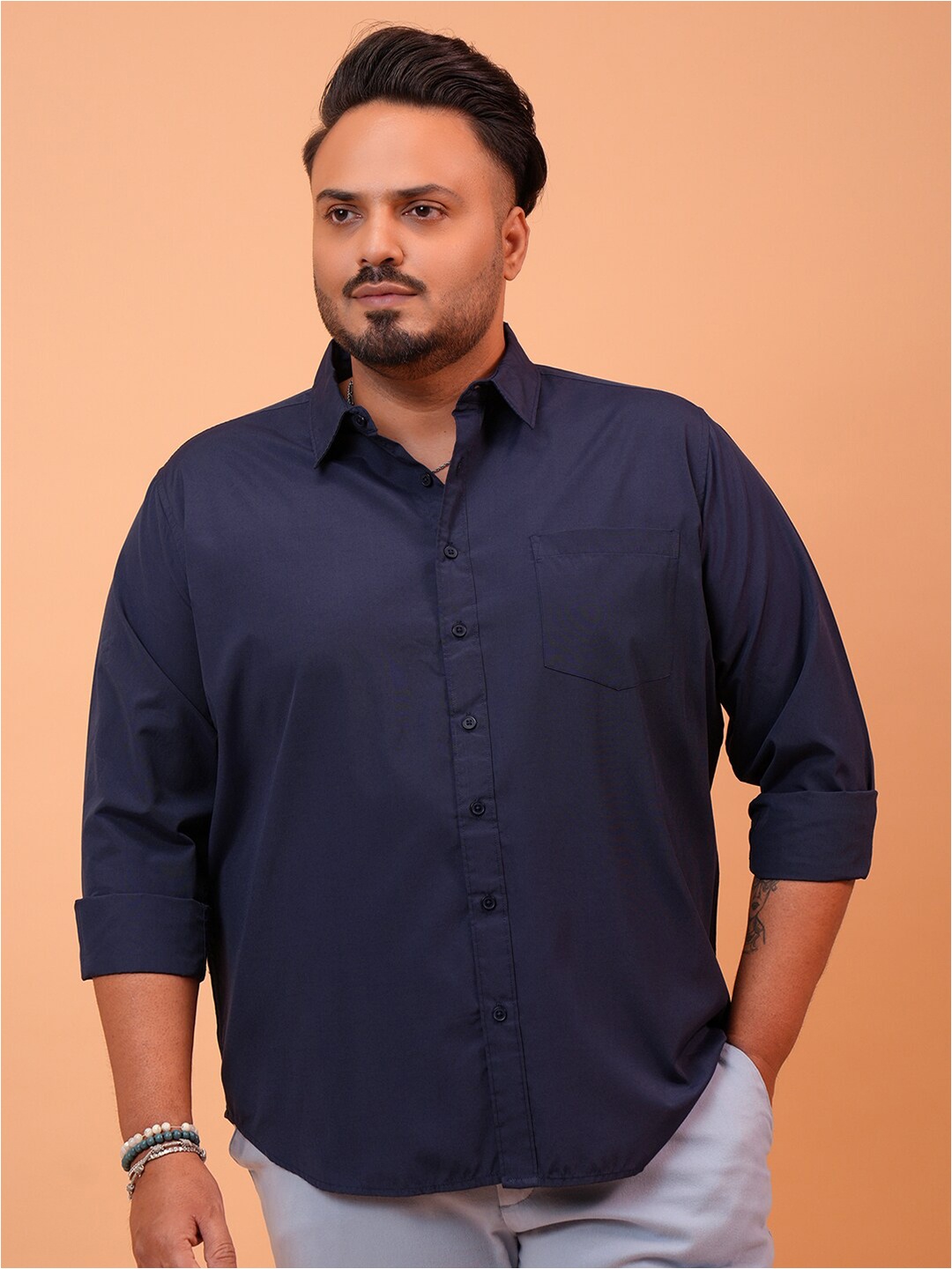

HIGHLANDER Plus Size Slim Fit Opaque Cotton Casual Shirt, Blue