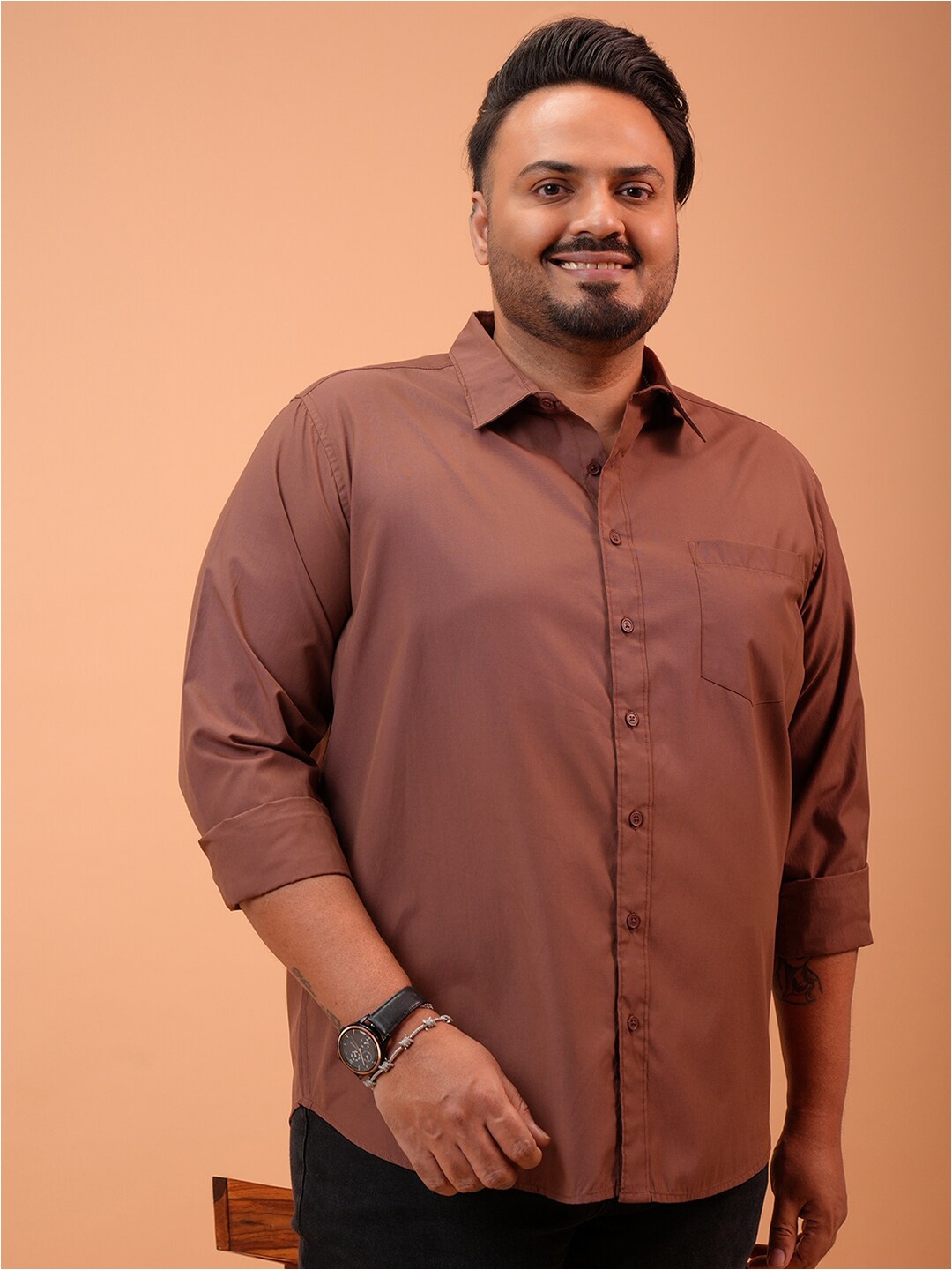 

HIGHLANDER Plus Size Slim Fit Opaque Cotton Casual Shirt, Brown