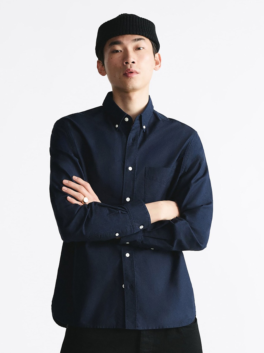 

MISCHIEF MONKEY Classic Tailored Fit Button-Down Collar Long Sleeves Cotton Casual Shirt, Navy blue