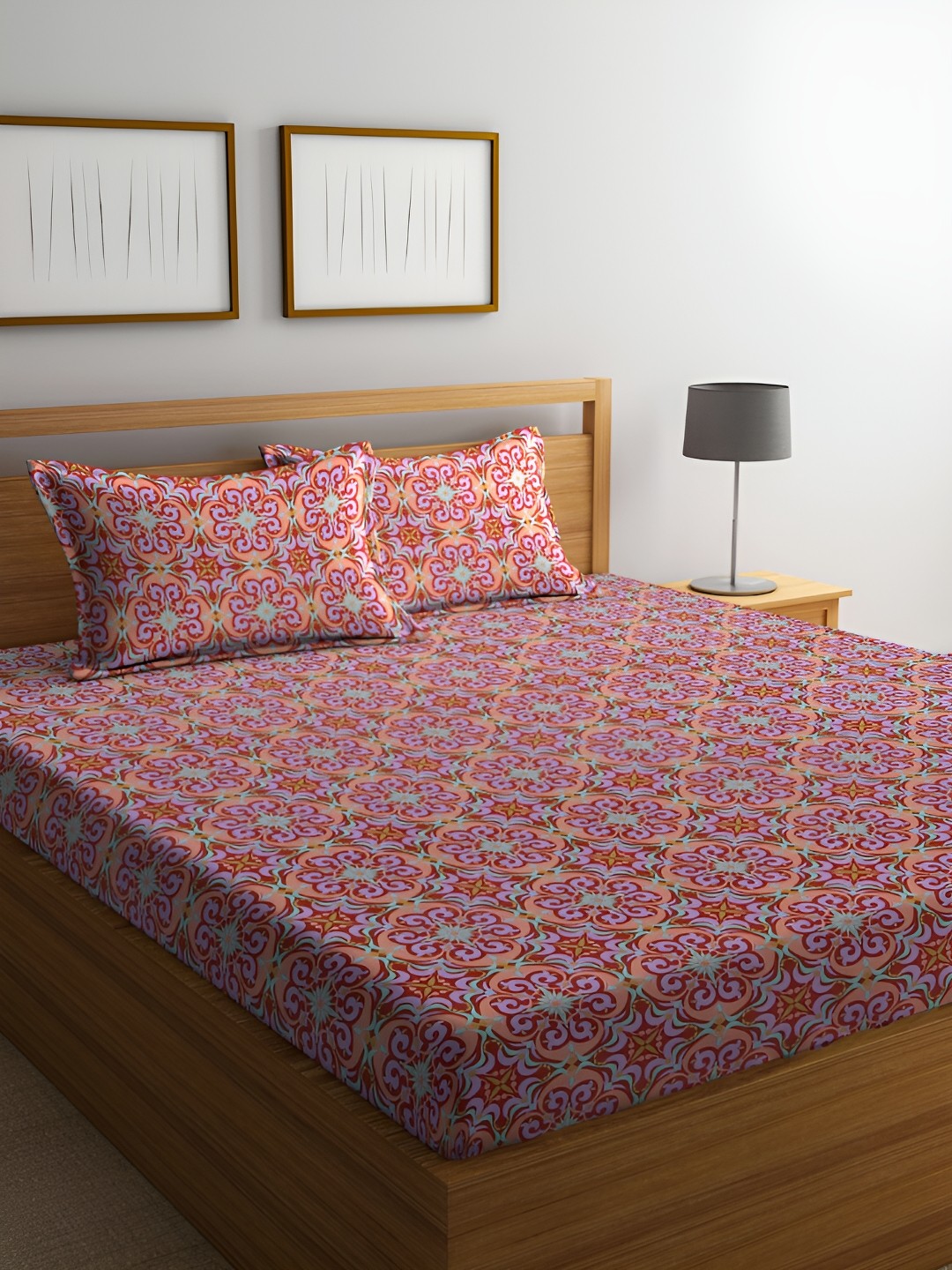 

BOMBAY DYEING Marigold Red & Purple Ethnic Motifs 104 TC Queen Bedsheet & 2 Pillow Covers