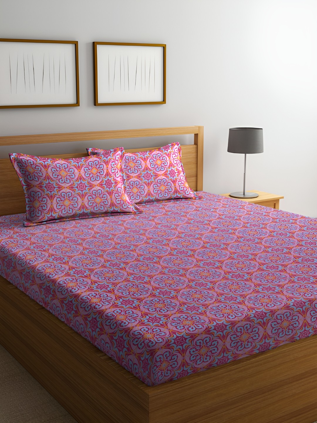 

BOMBAY DYEING Marigold Pink & Blue Ethnic Motifs 104 TC Queen Bedsheet &2 Pillow Covers