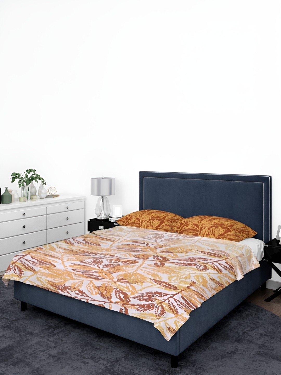 

BOMBAY DYEING Marigold Brown & White Floral 104 TC Queen Bedsheet with 2 Pillow Covers