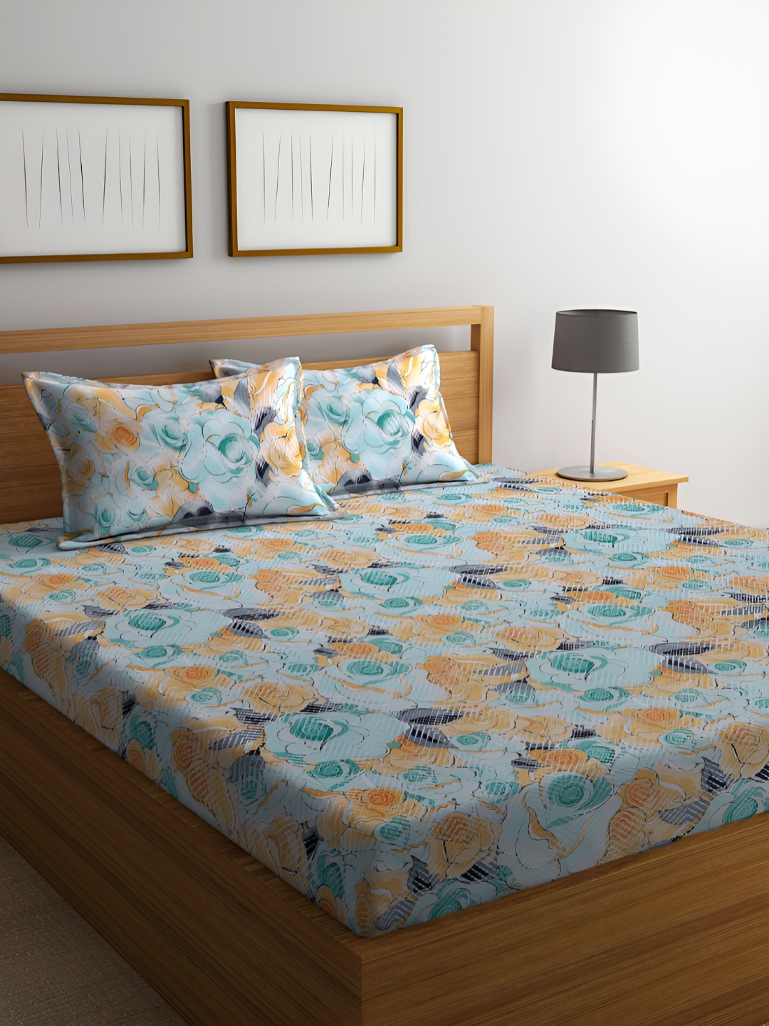 

BOMBAY DYEING Marigold Yellow & Blue Floral 104 TC Queen Bedsheet with 2 Pillow Covers