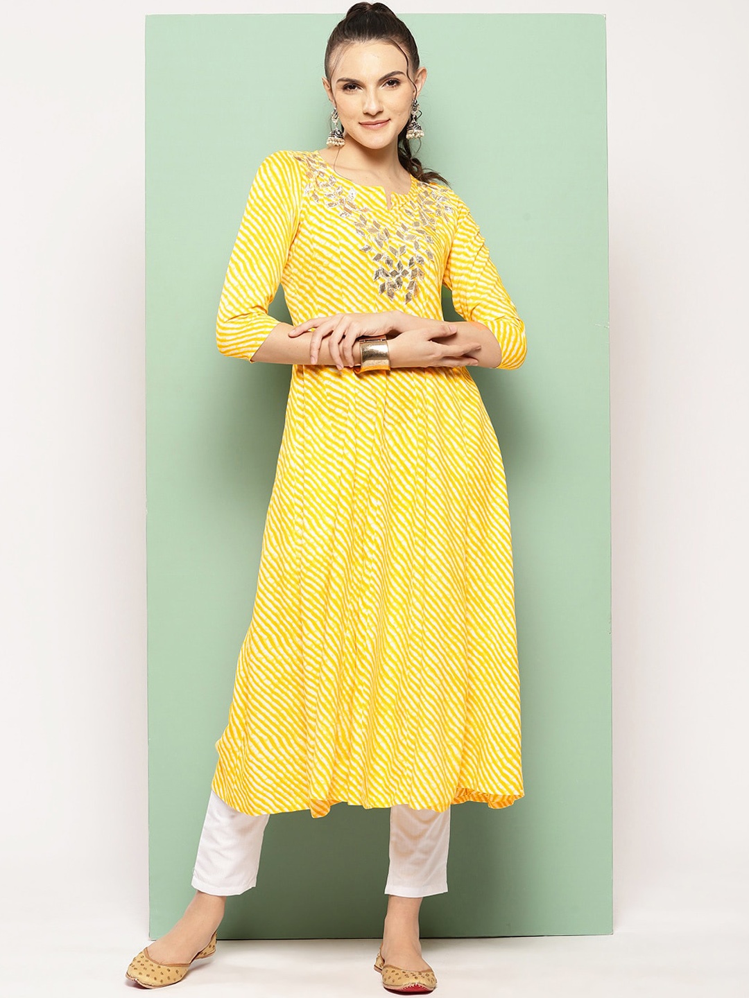 

KALINI Leheriya Printed A-Line Kurta, Yellow