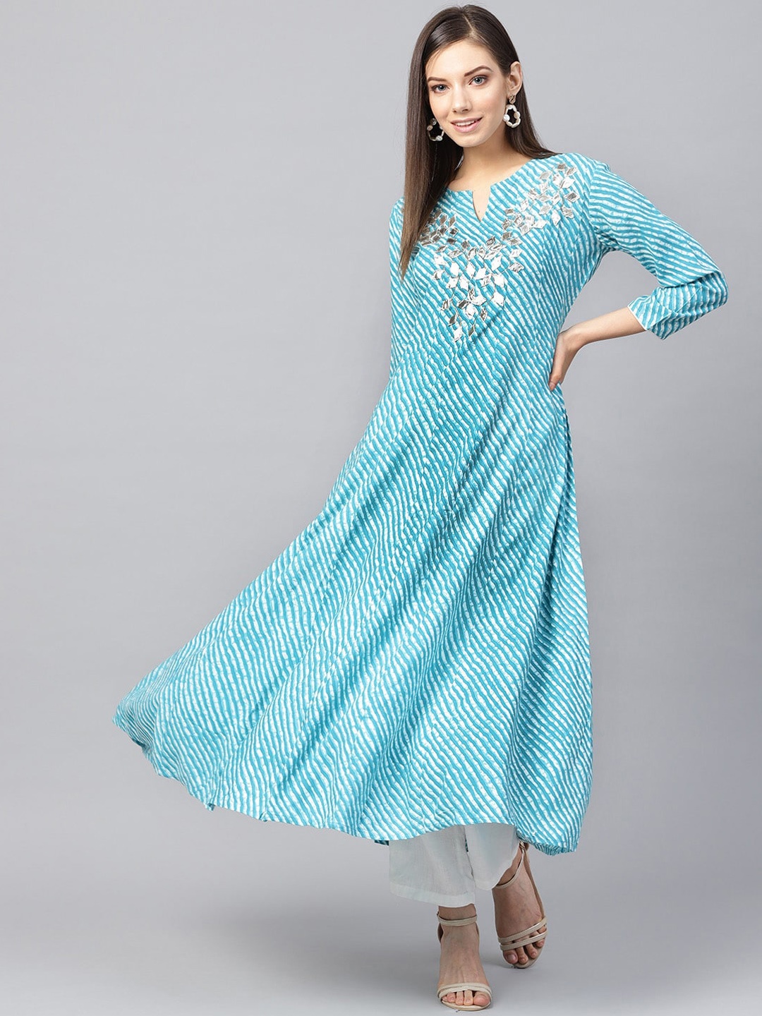 

KALINI Leheriya Printed Notch Neck Thread Work Anarkali Kurta, Blue