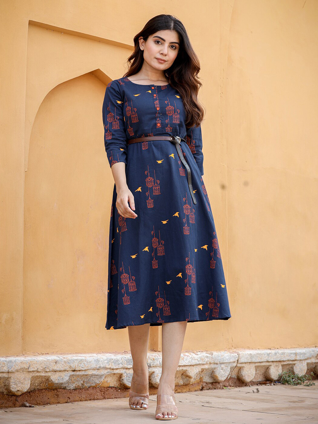 

KALINI Conversational Printed Pure Cotton A-Line Midi Dress, Navy blue