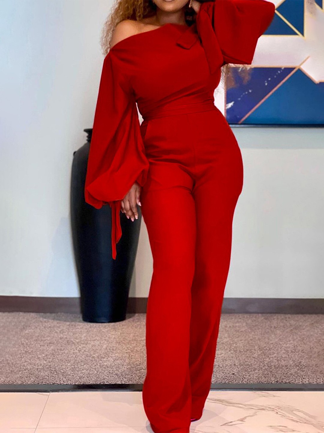 

LULU & SKY Off-Shoulder Basic Jumpsuit, Red