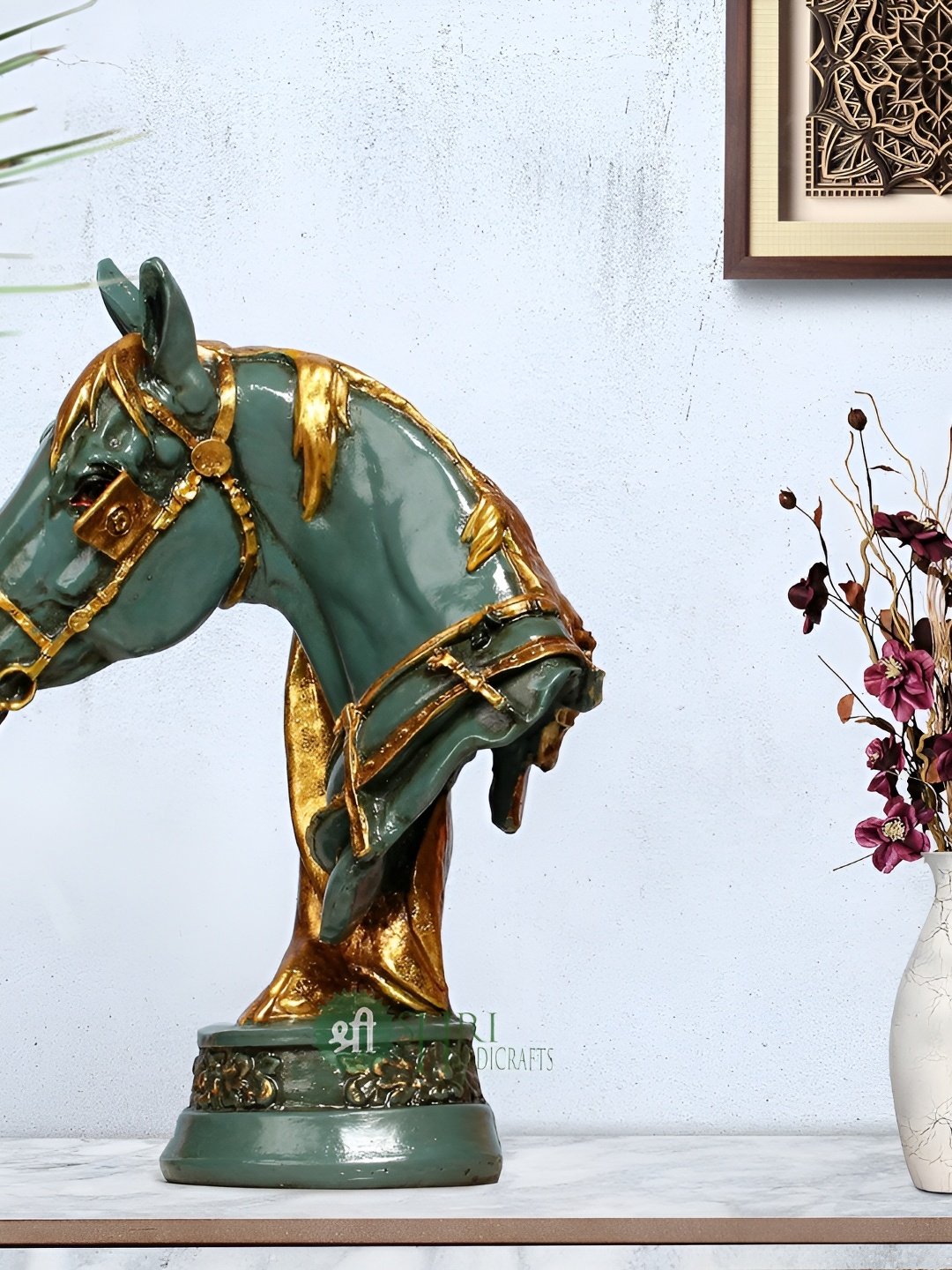 

INDICAST Green and GoldToned Horse Head Statue Showpiece