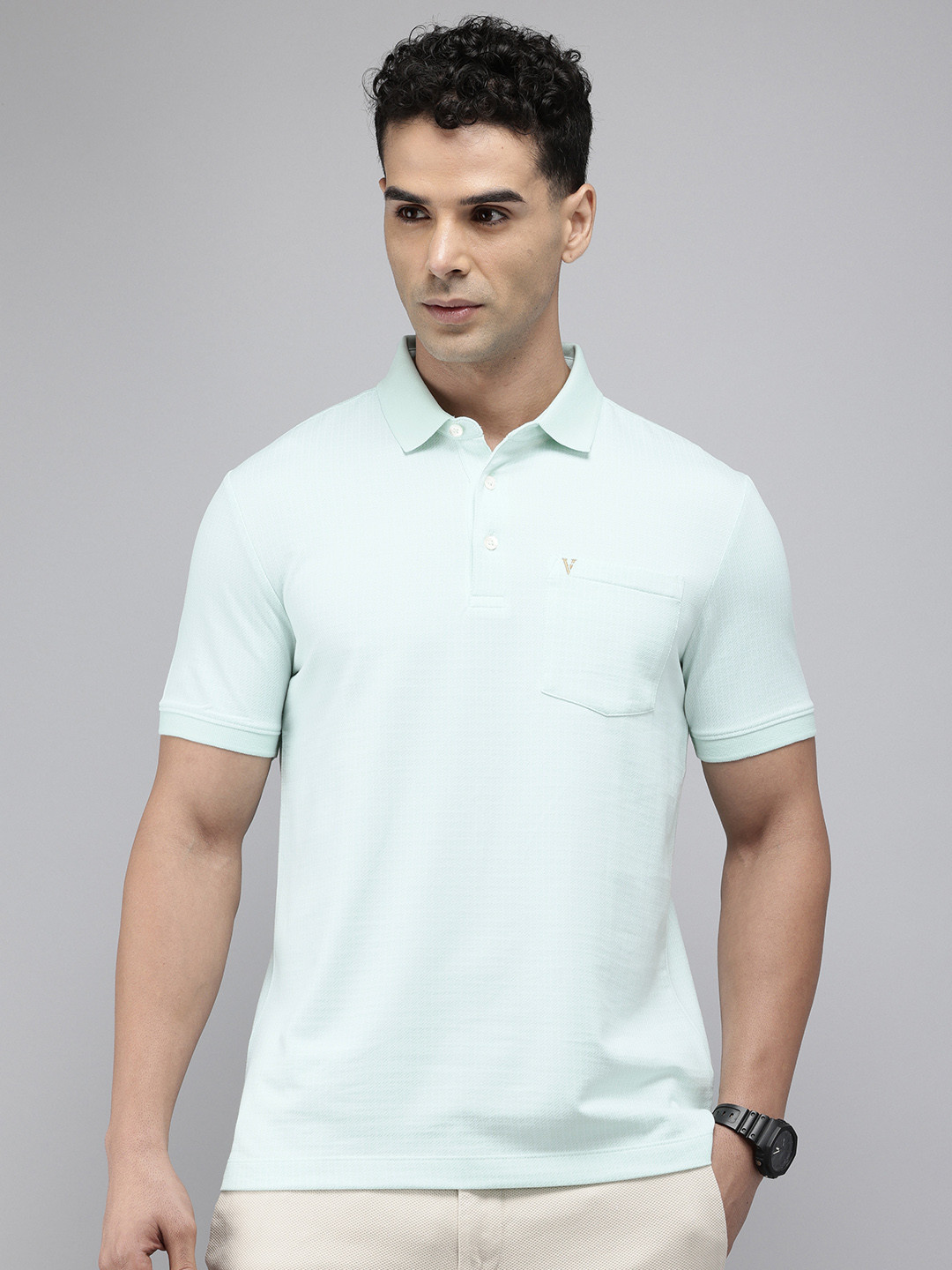 

Van Heusen Self Design Polo Collar Pocket T-shirt, Blue