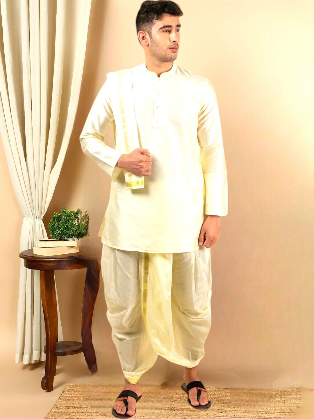 

TATTVA Band Collar Zari Straight Kurta with Dhoti Pants & With Dupatta, Cream