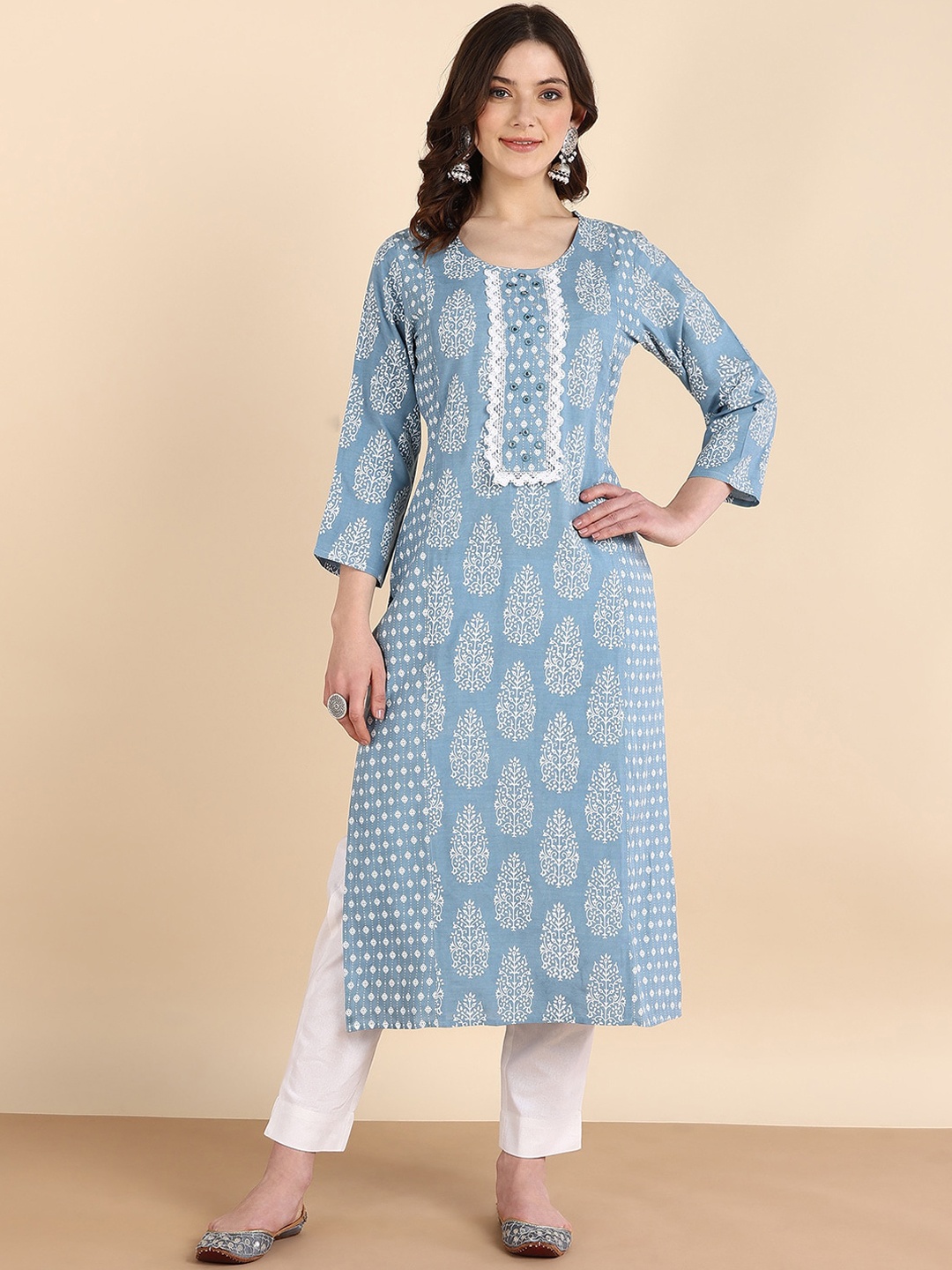 

Maaesa Round Neck Ethnic Motifs Printed Thread Work Kurta, Blue