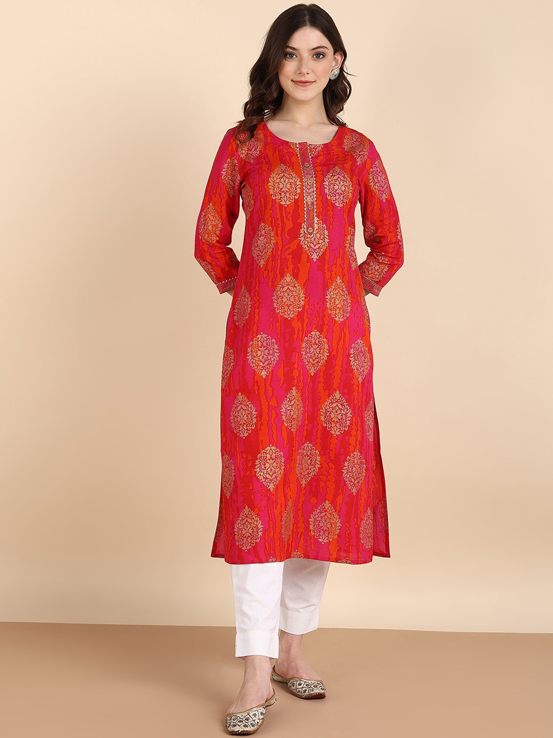 

Maaesa Round Neck Ethnic Motifs Printed Kurta, Orange