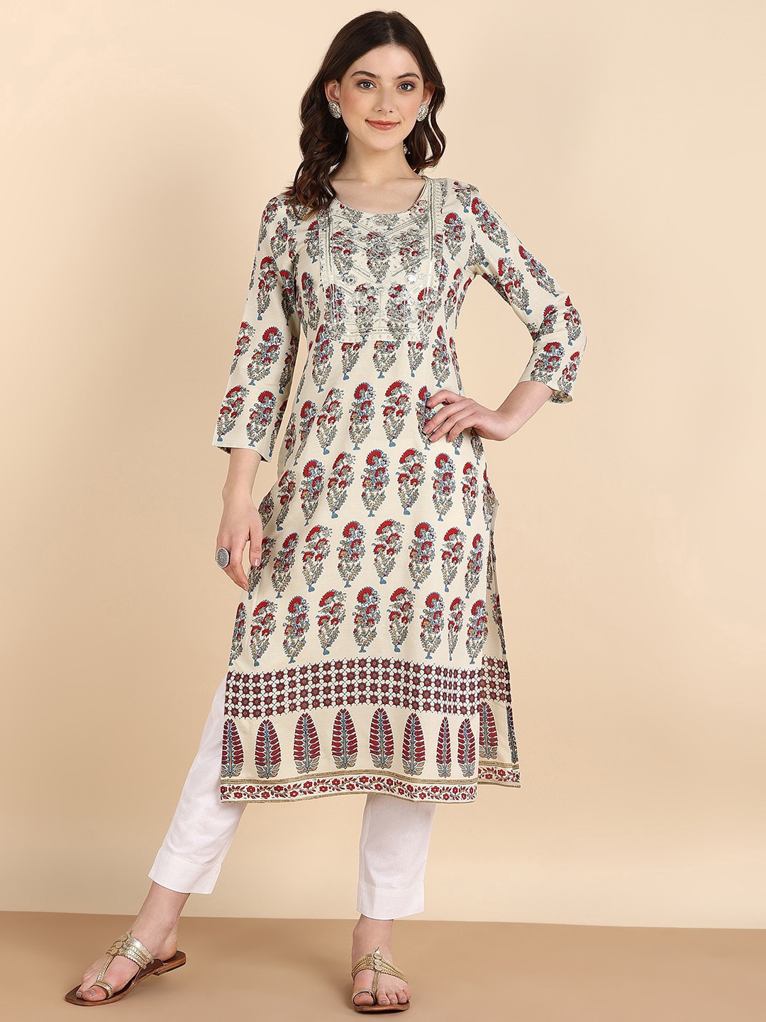 

Maaesa Ethnic Motifs Printed Straight Kurta, Off white