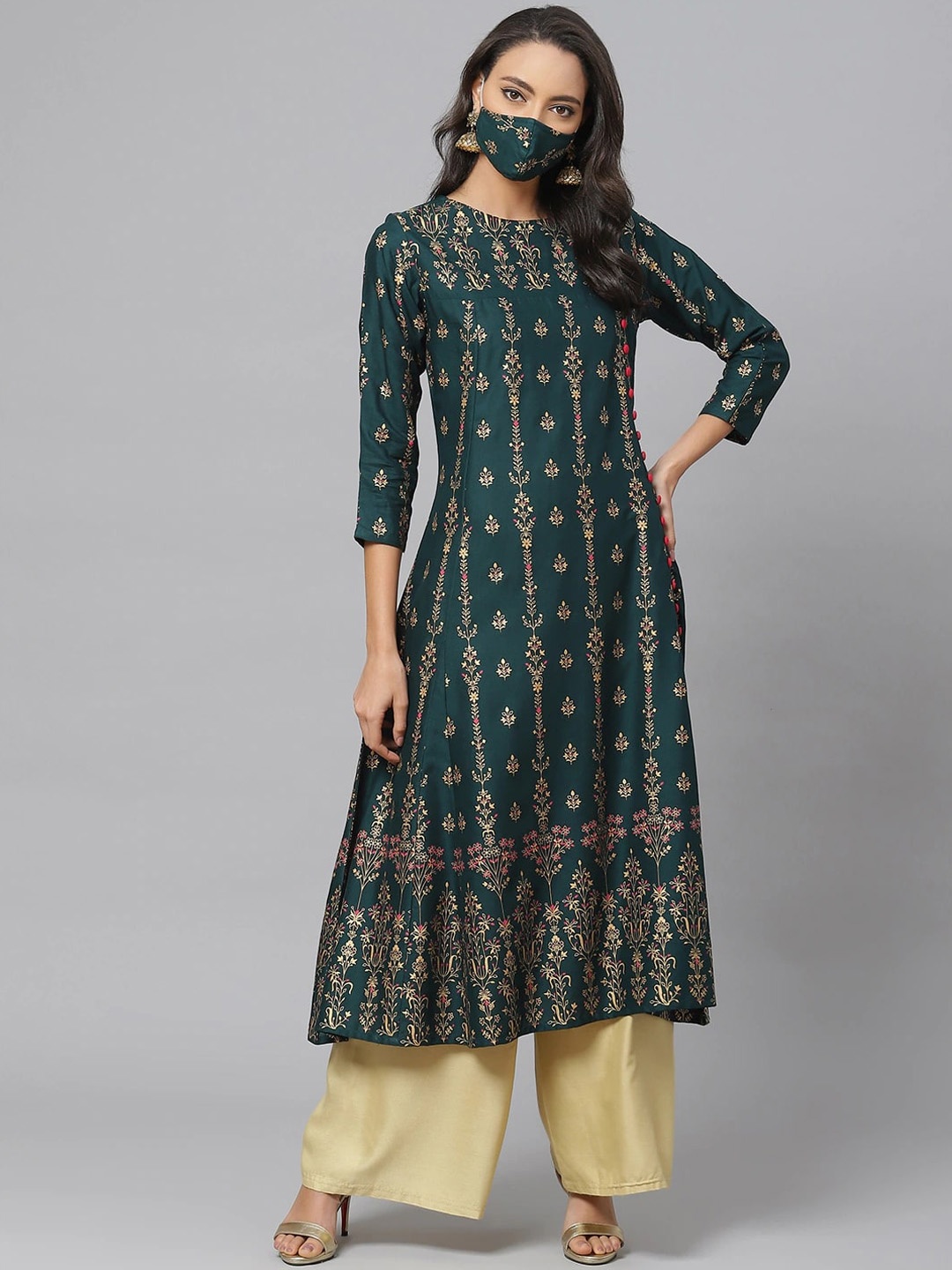 

KALINI Ethnic Motifs Printed A-Line Kurta, Green