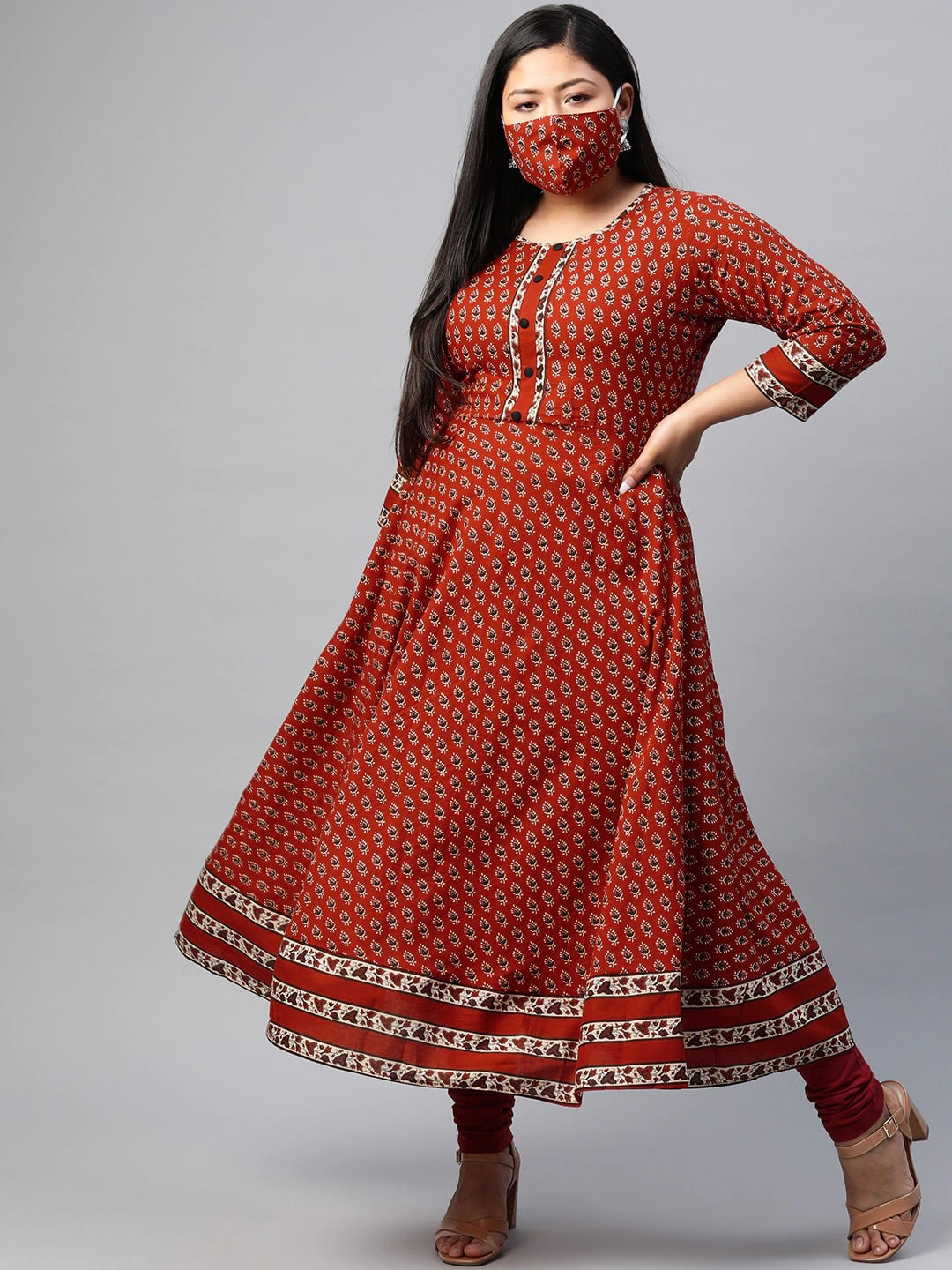 

KALINI Plus Size Ethnic Motifs Printed Pure Cotton Round Neck Anarkali Kurta, Maroon