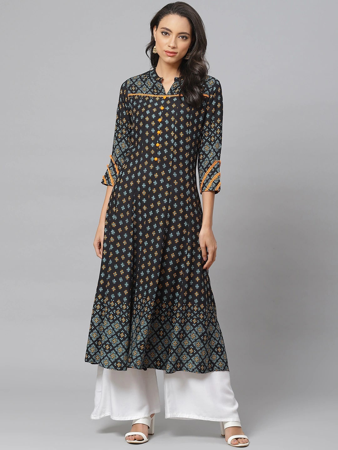 

KALINI Ethnic Motifs Printed A-Line Kurta, Black