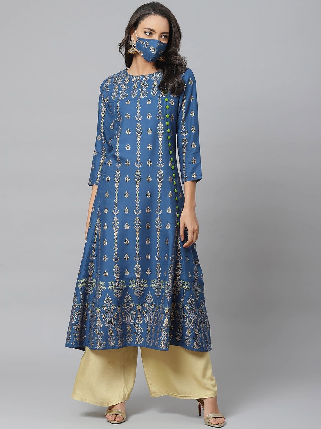 KALINI Ethnic Motifs Printed Round Neck A-Line Kurta, Blue
