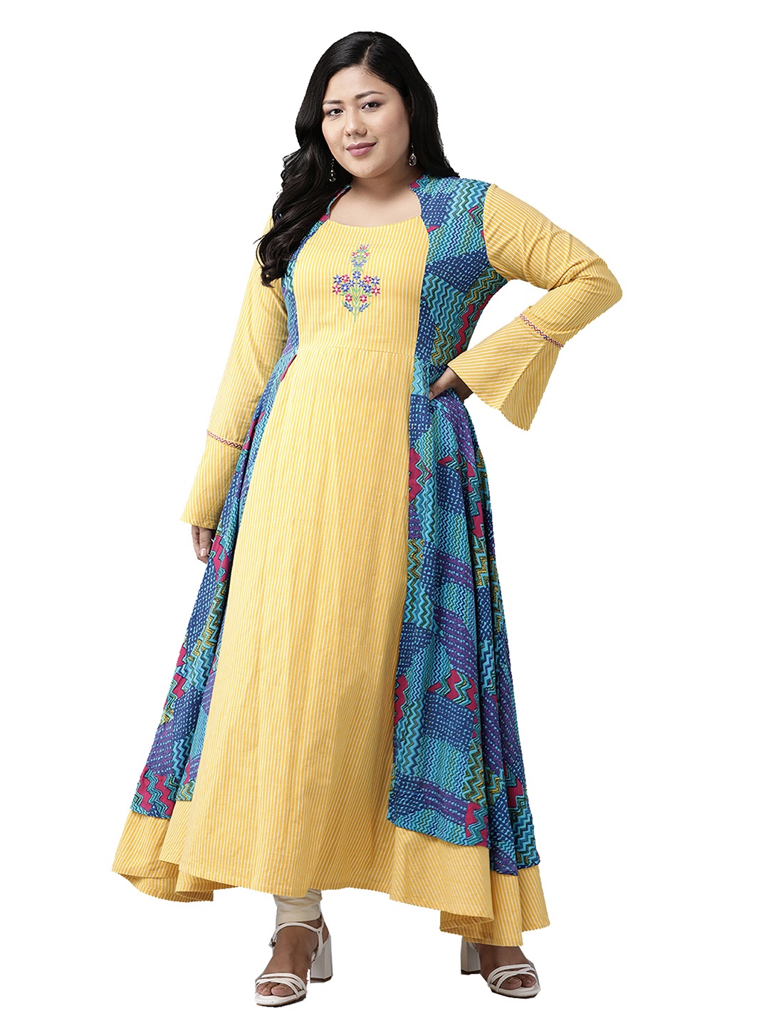 

KALINI Plus Size Floral Embroidered Bell Sleeves Anarkali Kurta, Yellow
