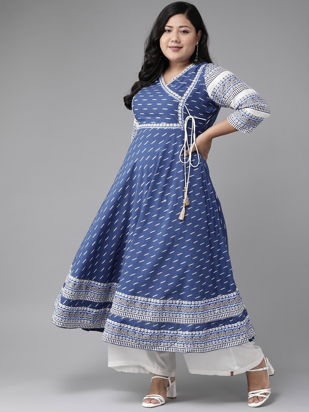 

KALINI Plus Size Ethnic Motifs Printed V-Neck Cotton Angrakha Kurta, Blue