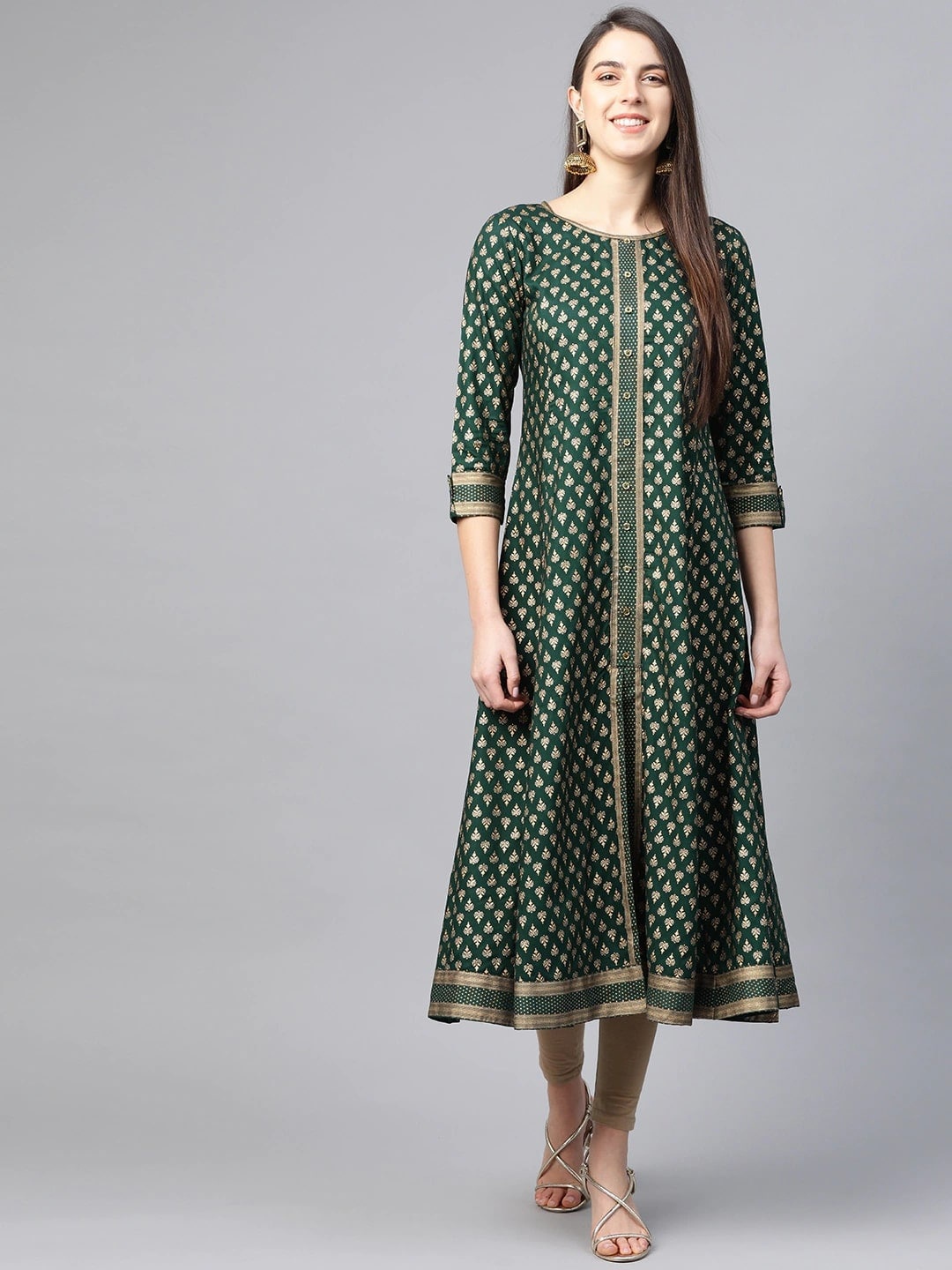 

KALINI Round Neck Paisley Printed Anarkali Kurta, Green