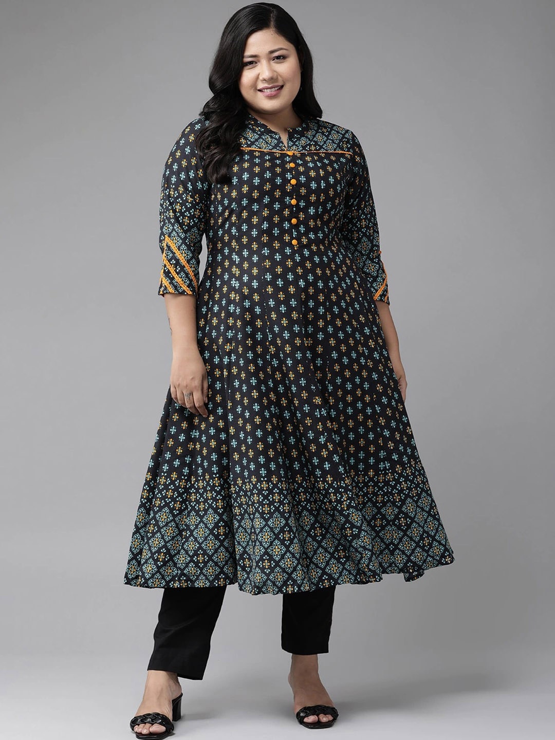 

KALINI Plus Size Ethnic Motifs Printed Mandarin Collar A-Line Kurta, Black
