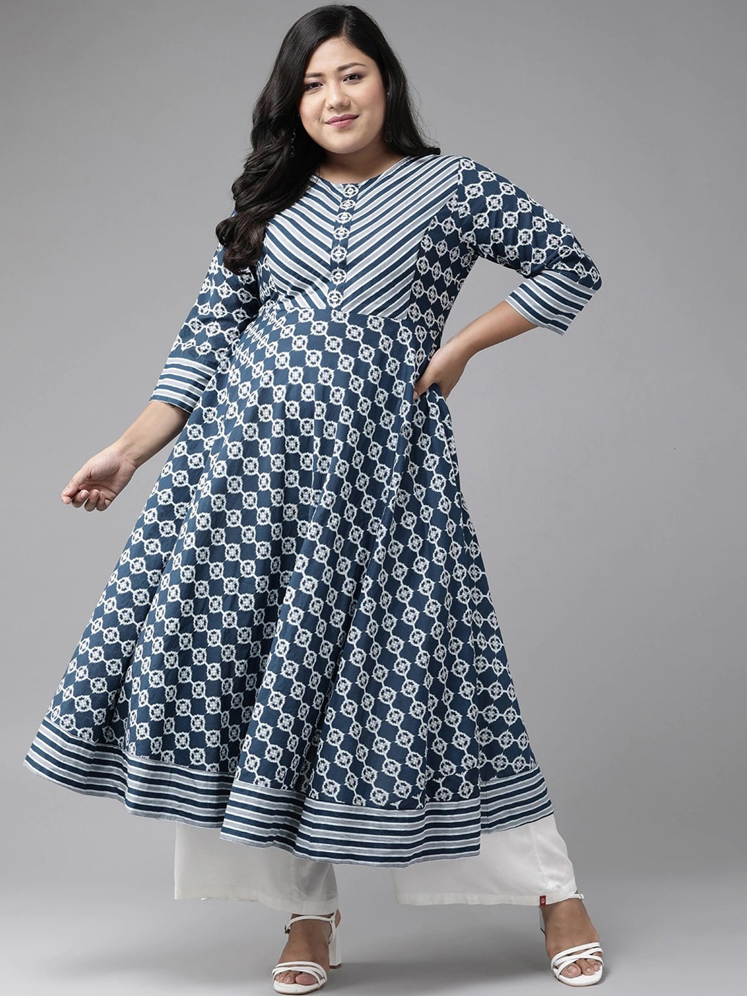 

KALINI Women Plus Size Geometric Yoke Design Anarkali Kurta, Blue