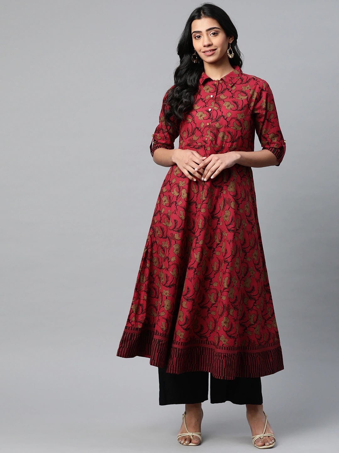 

KALINI Floral Printed Shirt Collar Roll-Up Sleeves Cotton Anarkali Kurta, Maroon