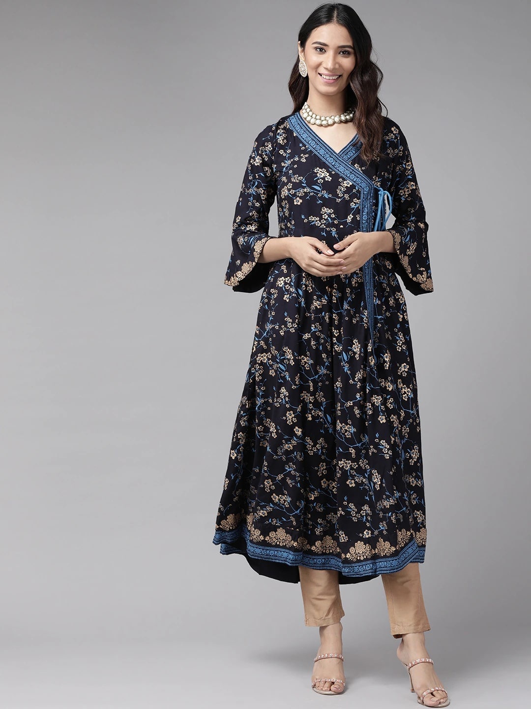 

KALINI Floral Printed Angrakha A-Line Kurta, Blue