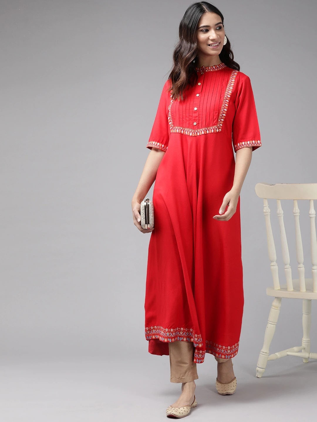 

KALINI Ethnic Motifs Yoke Design Mandarin Collar A-Line Kurta, Red