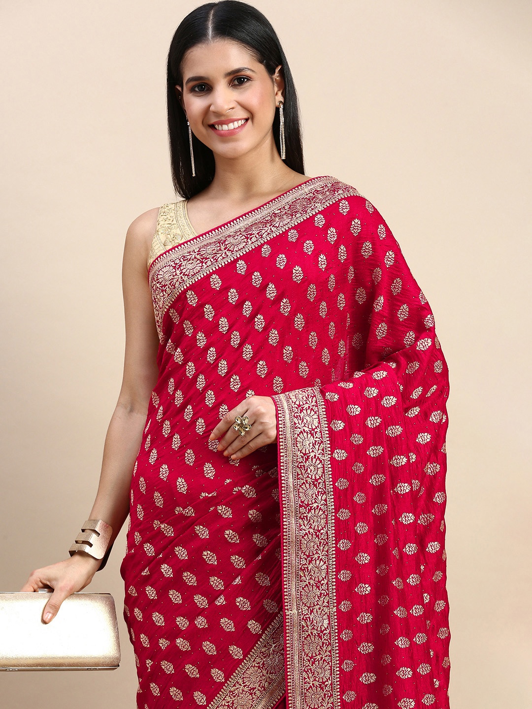 

MOHEY Woven Design Stones-Studded Saree With Blouse Piece, Red