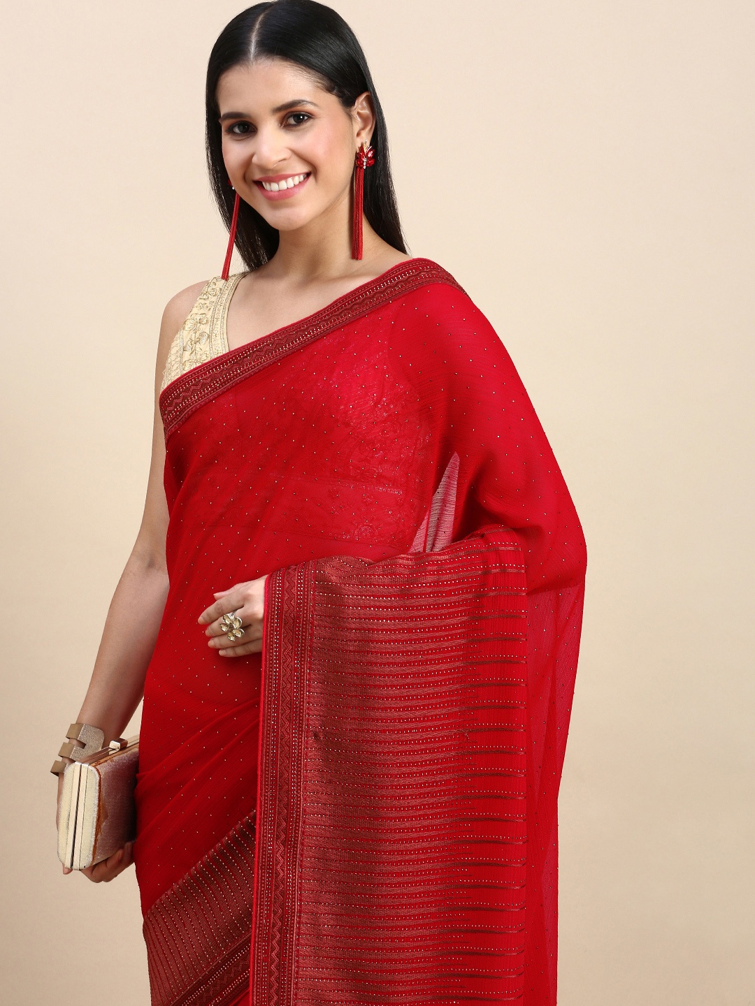 

MOHEY Embellished Stones-Studded Pure Georgette Saree, Red