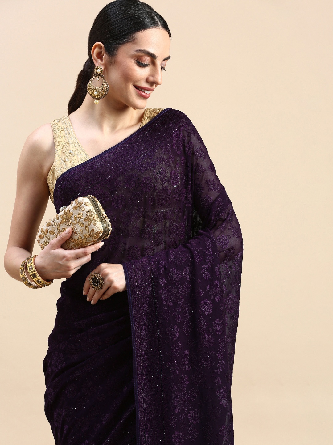 

MOHEY Floral Beads & Stones Pure Georgette Saree, Purple