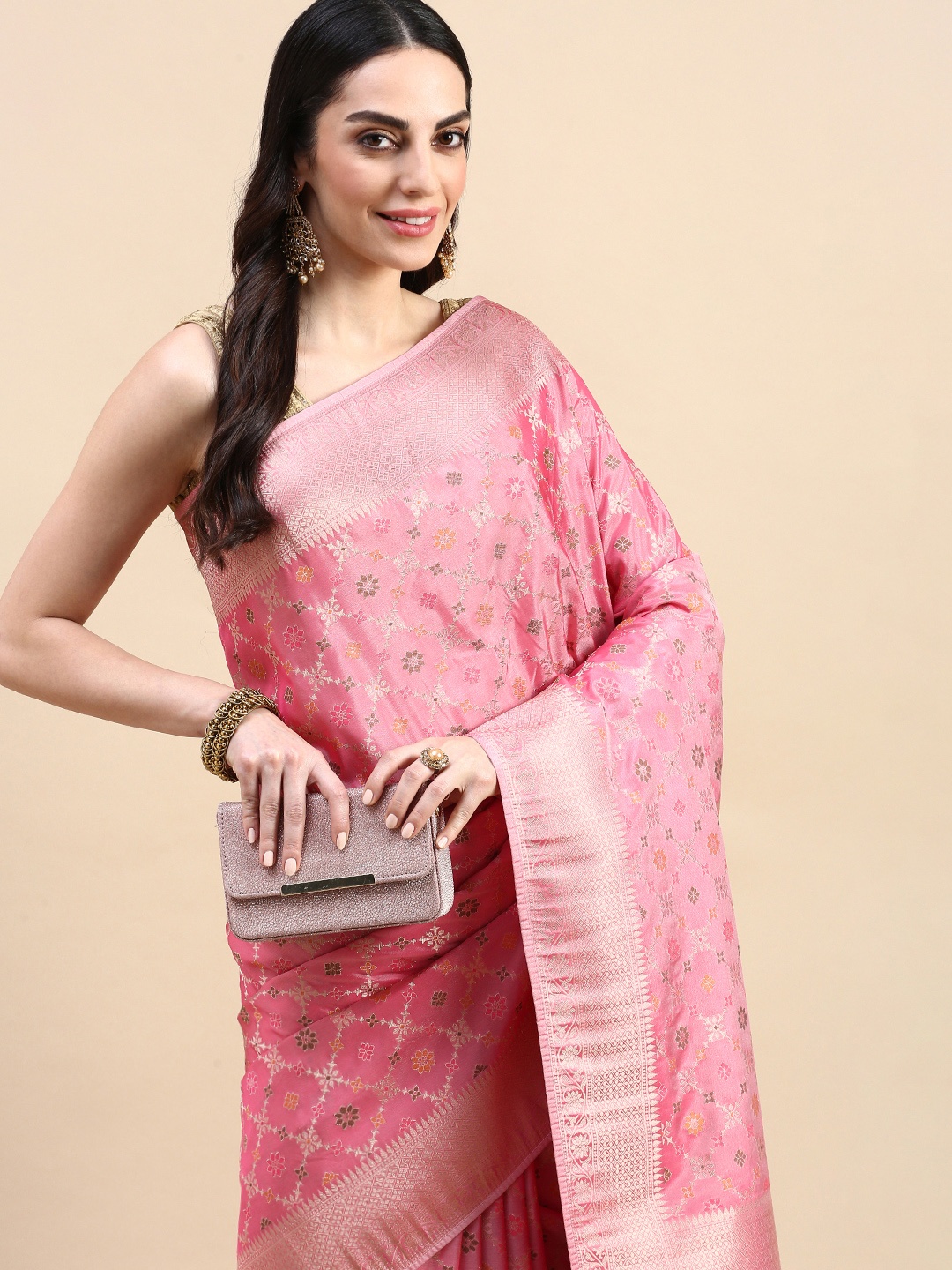 

MOHEY Floral woven design Saree, Pink