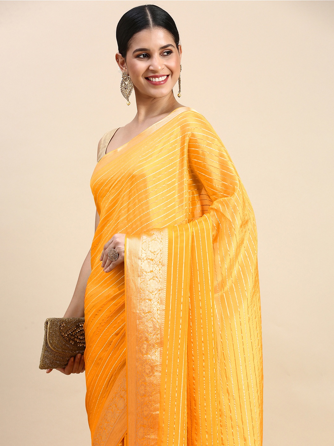 

MOHEY Striped Gotta Patti Organza Saree, Yellow