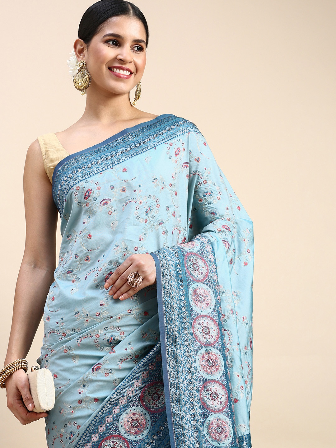 

MOHEY Ethnic Motifs Printed Stones-Studded Saree, Blue