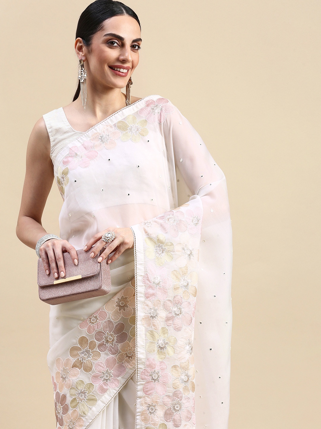 

MOHEY Floral Mirror Work Organza Saree, Cream