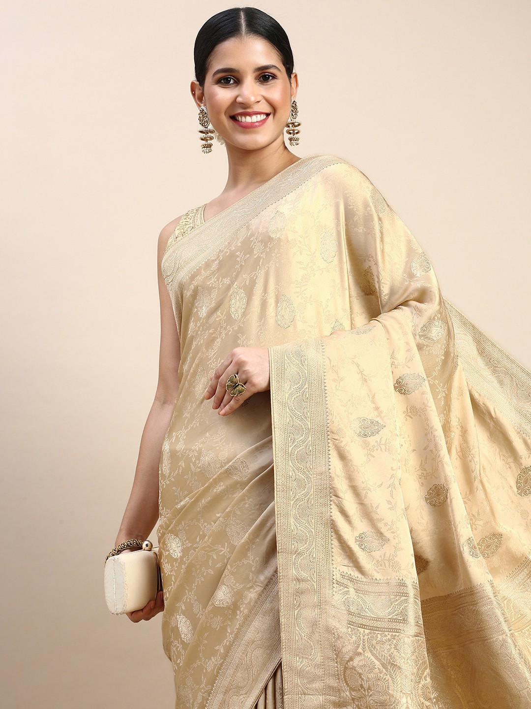 

MOHEY Ethnic Motifs Woven Design Satin Saree With Blouse Piece, Beige