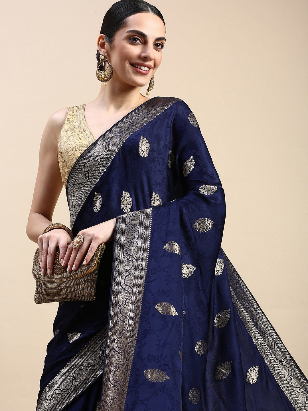 

MOHEY Ethnic Motifs Satin Saree, Navy blue