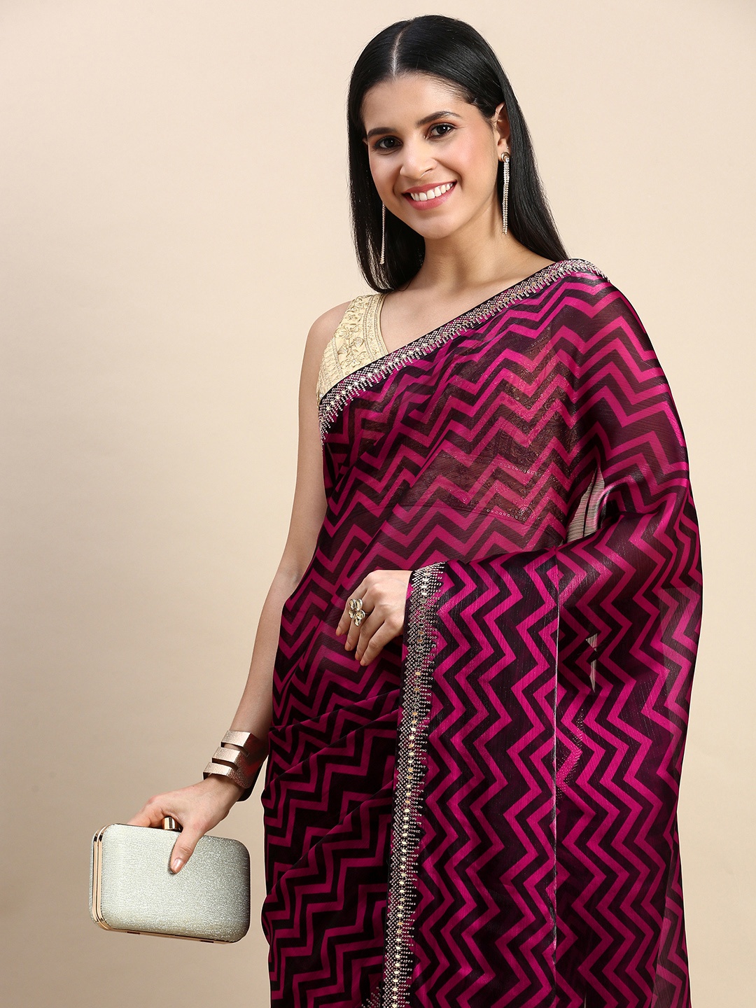 MOHEY Printed Mirror Work Organza Saree, Pink