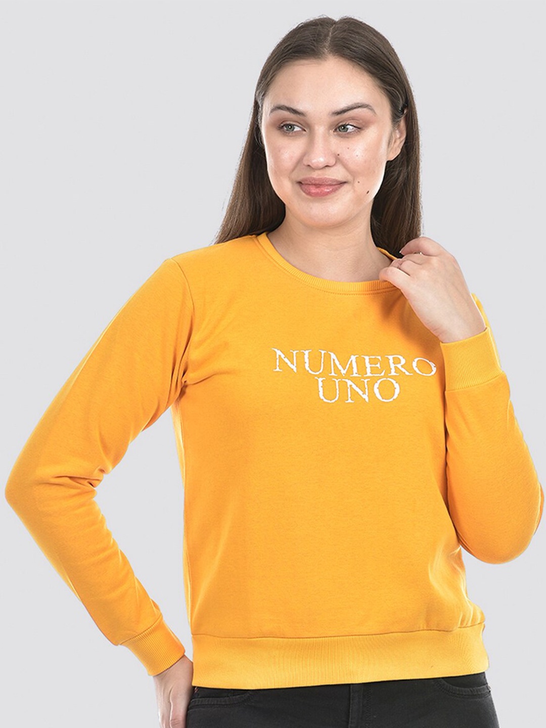 

Numero Uno Typography Printed Round Neck Long Sleeves Pullover Sweatshirt, Yellow