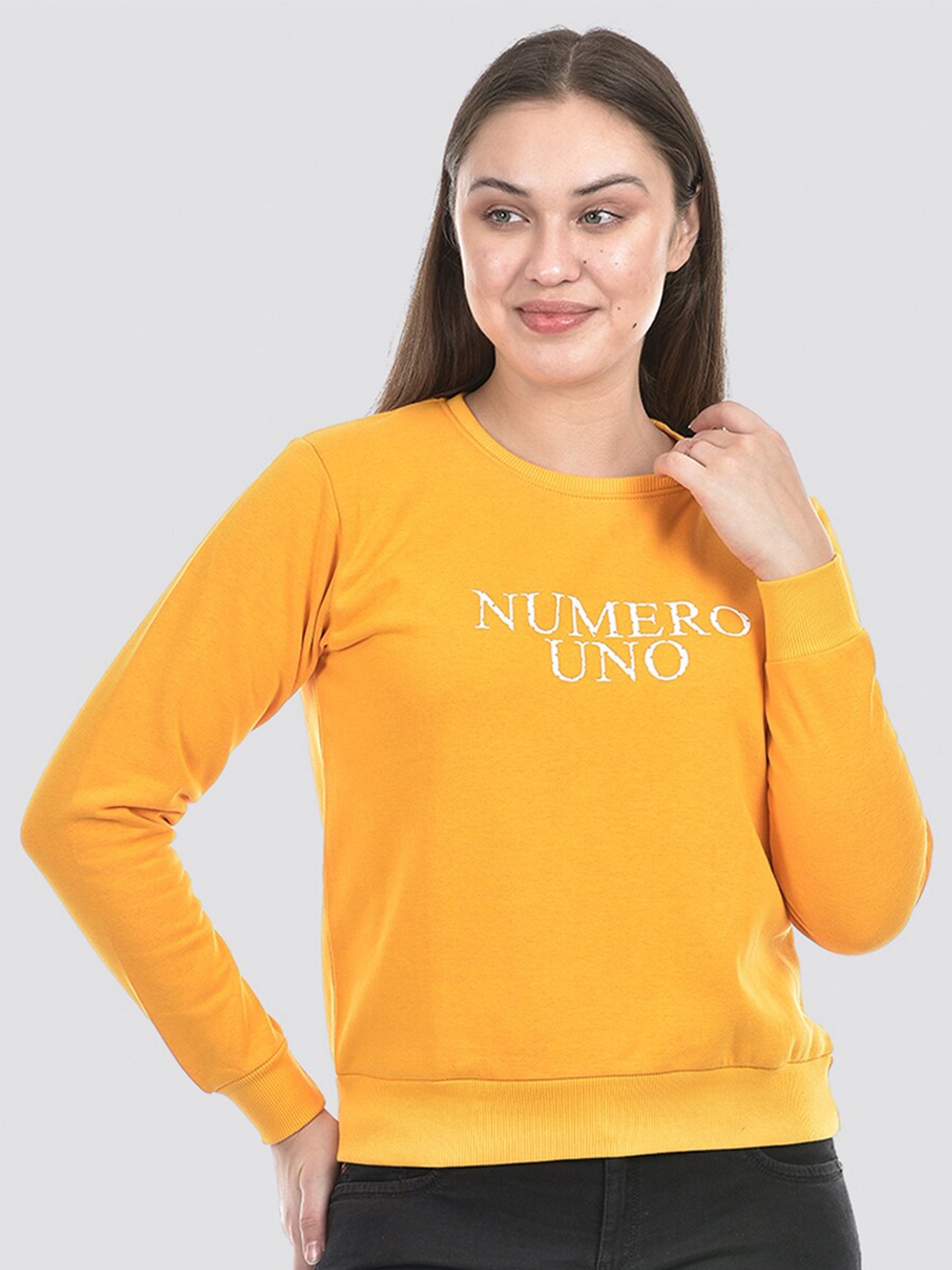 

Numero Uno Typography Printed Round Neck Long Sleeves Pullover Sweatshirt, Yellow