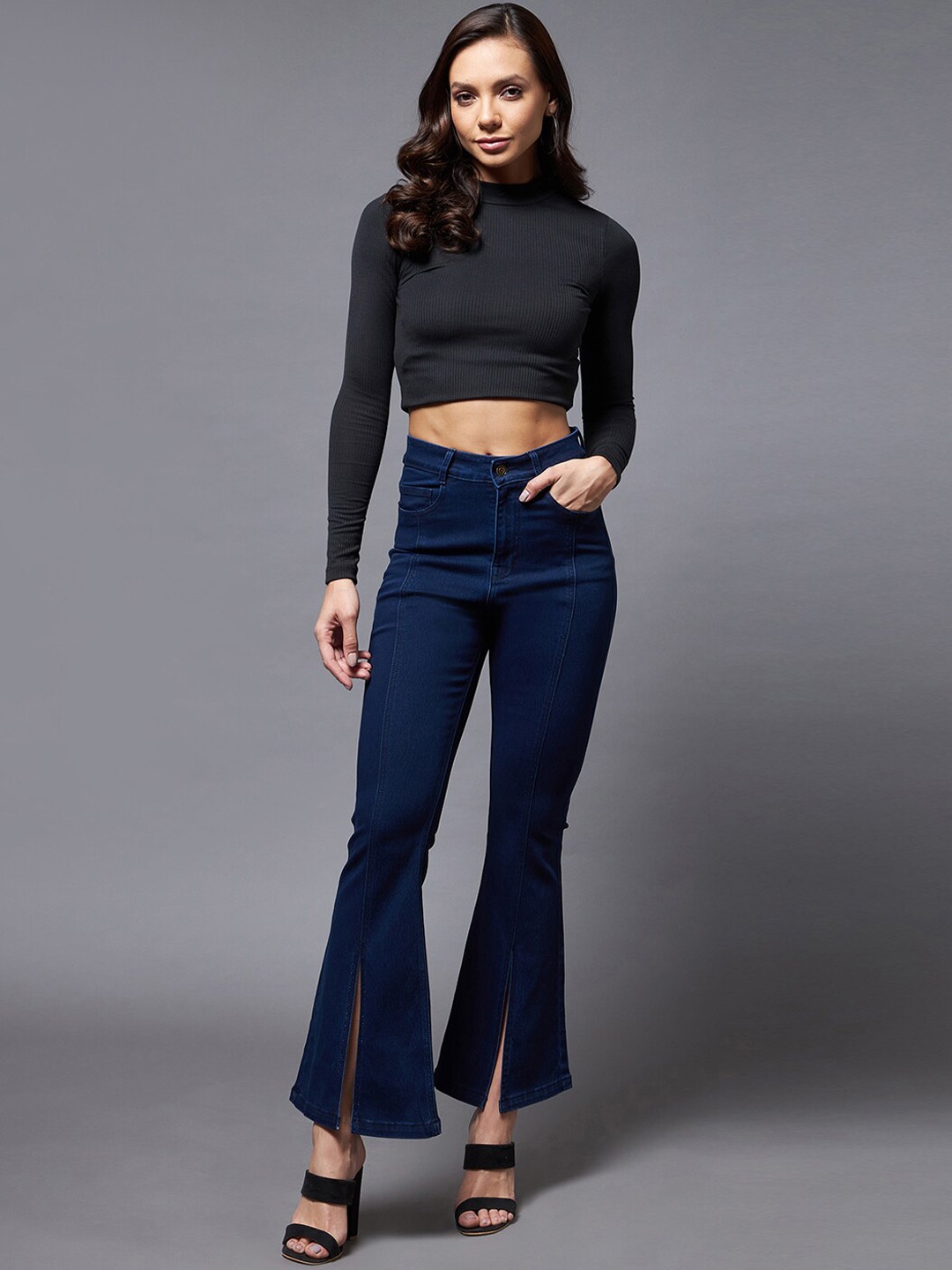 

Miss Chase Women Slitted Bootcut Stretchable Jeans, Blue