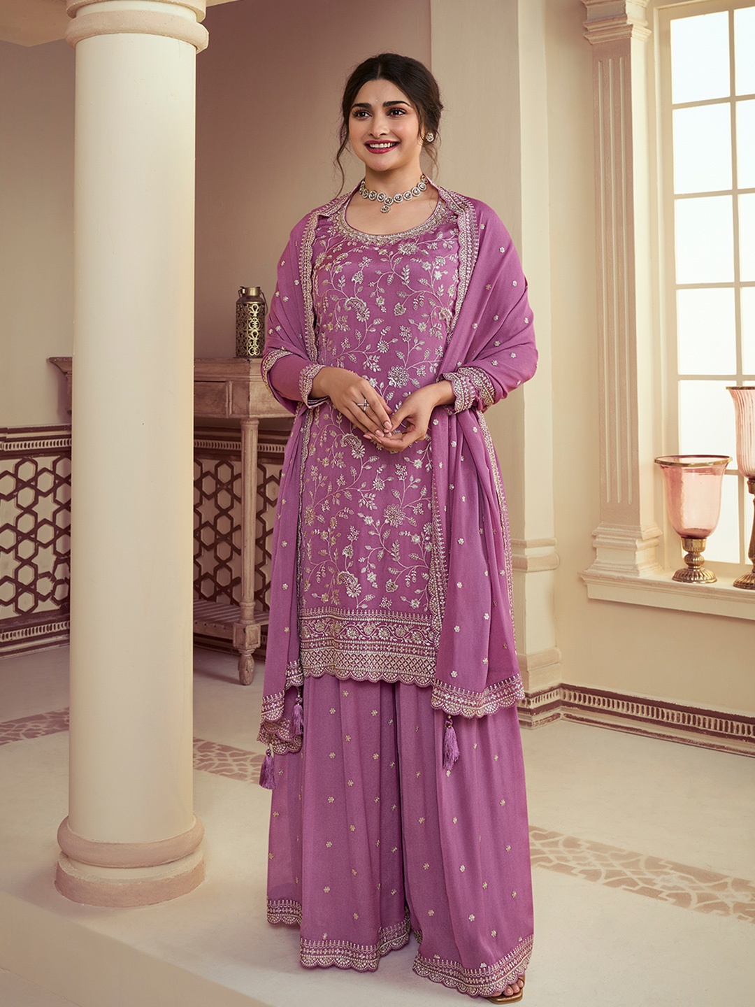 

Seerat Ethnic Motifs Embroidered Thread Work Silk Chiffon Kurta with Palazzos & Dupatta, Lavender