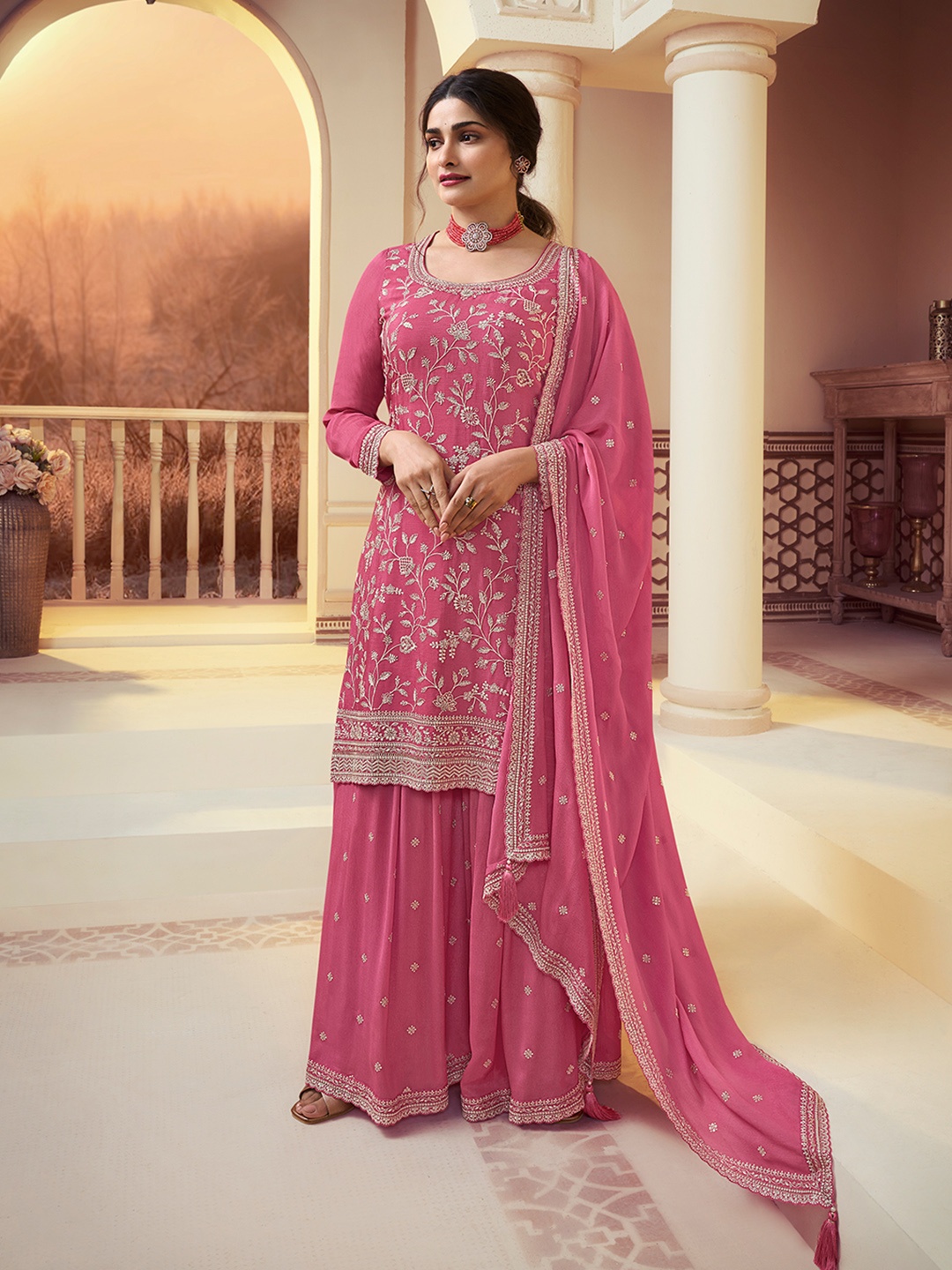 

Seerat Ethnic Embroidered Regular Thread Work Silk Chiffon Kurta with Sharara & Dupatta, Pink