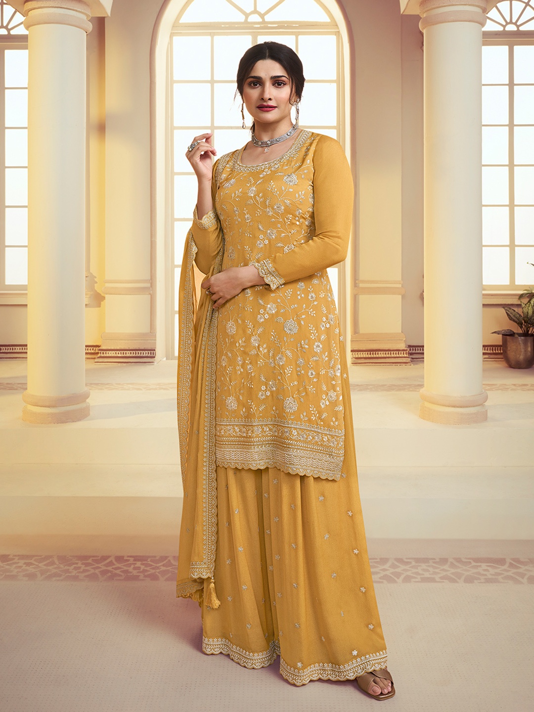 

Seerat Ethnic Embroidered Regular Thread Work Silk Chiffon Kurta with Sharara & Dupatta, Yellow